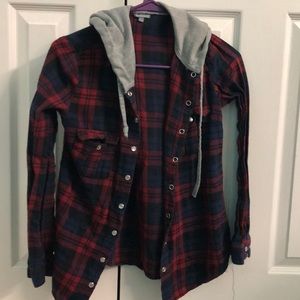 Button-up shirt with hoodie